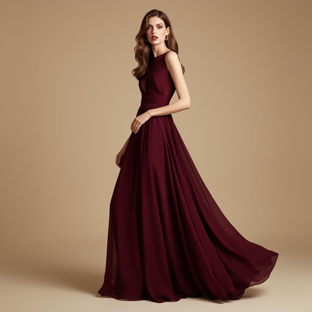Modelo vestindo vestido bordô elegante